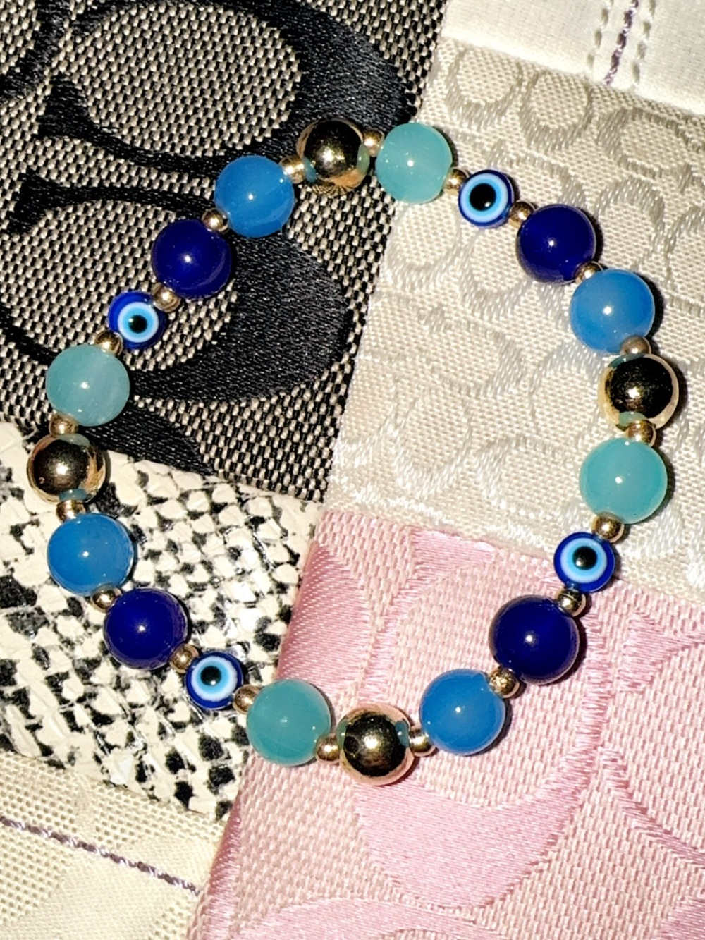🧿Blue and Teal🩵 Beaded Evil Eye protection Bracelet with Gold accents beads